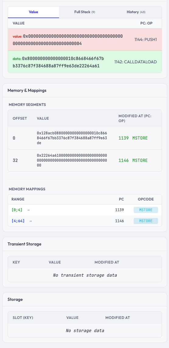 Stack, memory and storage panels