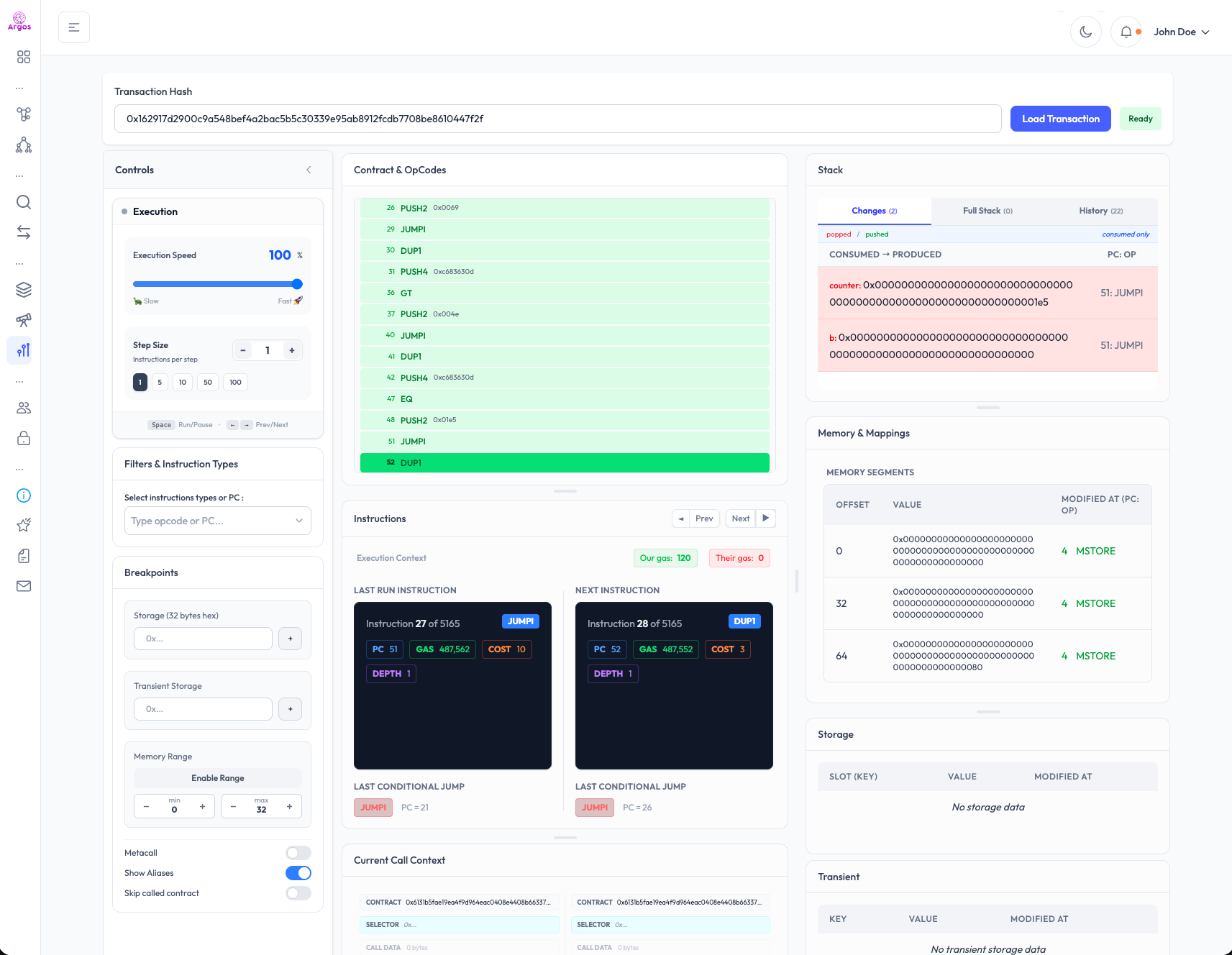 Apollo interface with Stack, Memory, Storage panels and SSTORE instruction highlighted