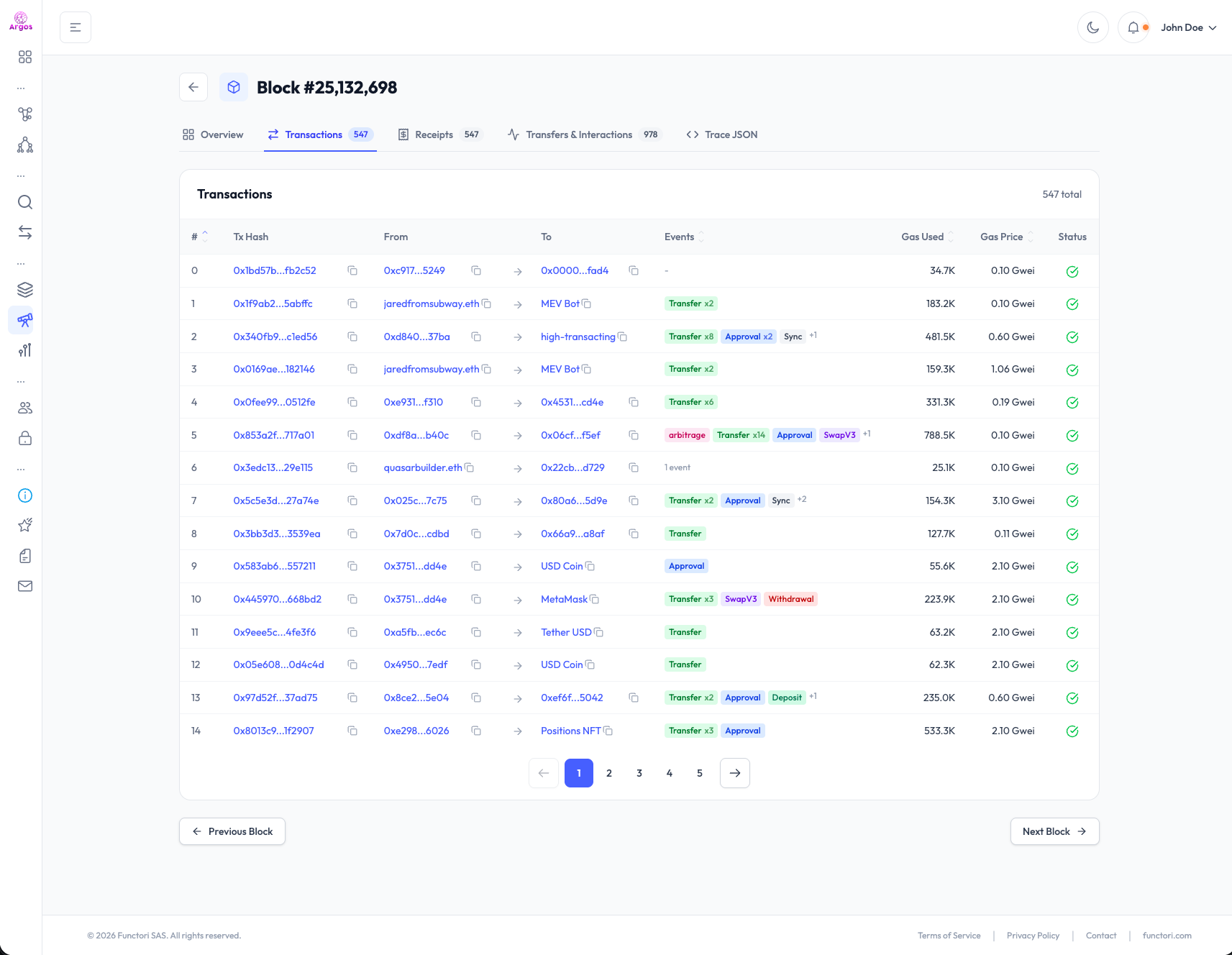 Block explorer showing 547 transactions with MEV tags (arbitrage, SwapV3, Withdrawal), gas usage, and event badges per transaction