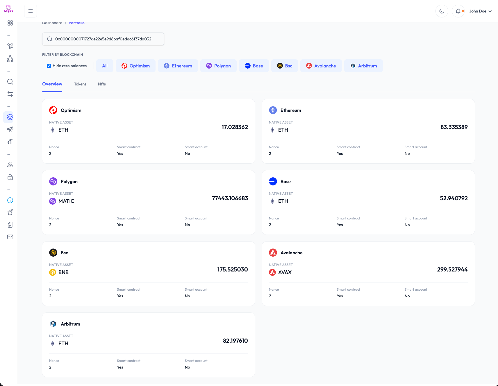 Portfolio overview showing native balances across Optimism, Ethereum, Polygon, Base, BSC, Avalanche, and Arbitrum with chain filter chips