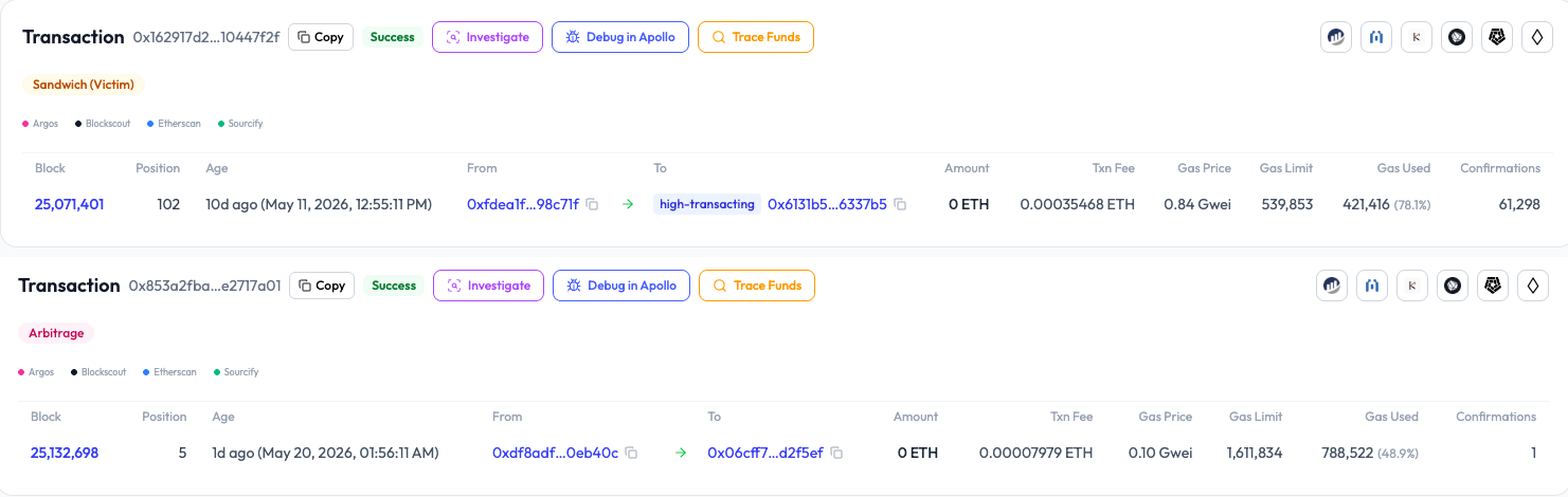 Transaction tagged SANDWICH:VICTIM with front-run, back-run and profit details